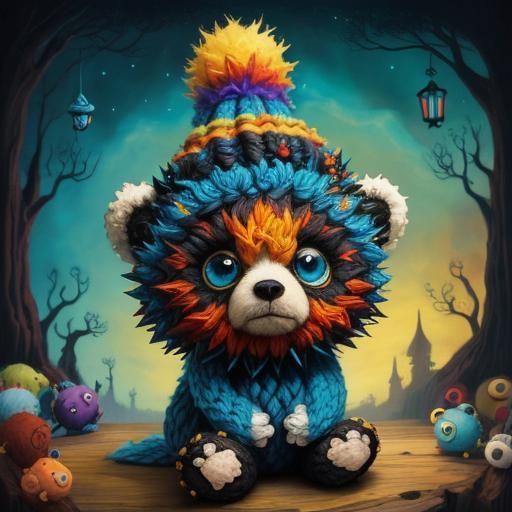 Chibi Teddy Bear with Colorful Hat in Whimsical Fairytale St...