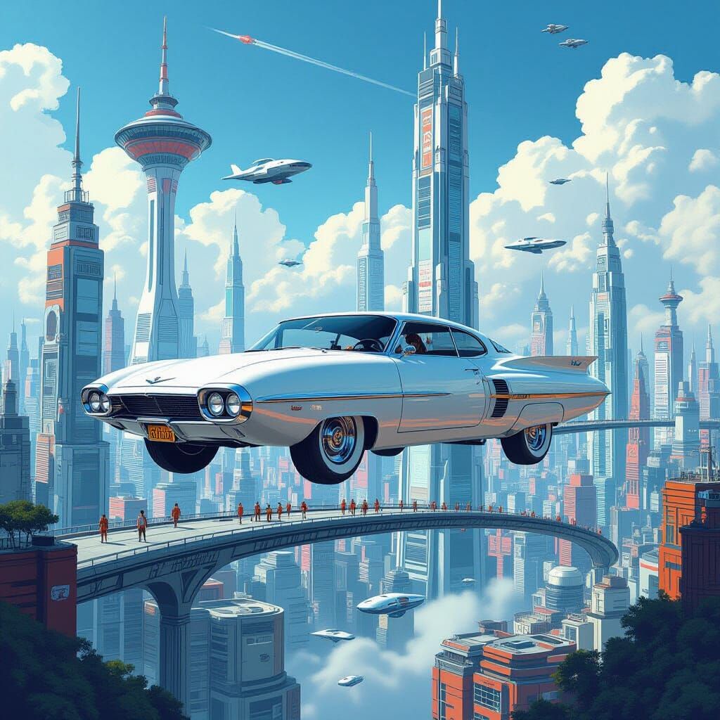 Retro Flying Car Over Floating City in Retro-Futuristic Styl...