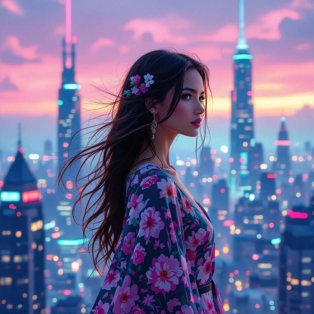 Cyberpunk Woman with Floral Hair in Futuristic City