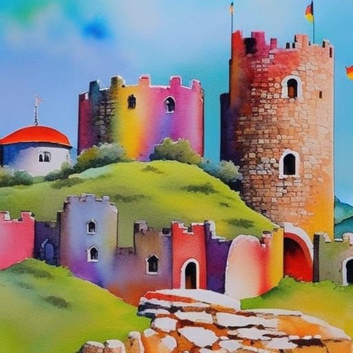 Rainbow Cobblestone Castle Turrets in Pop Art Style