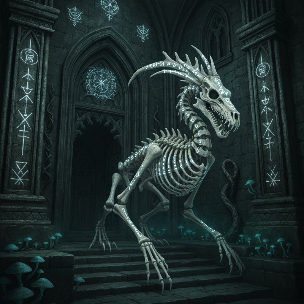 Skeletal Dragon Guarding Gothic Cathedral in Dark Fantasy St...