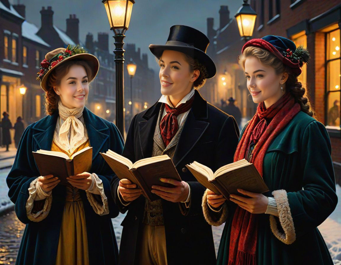 Victorian Christmas Carollers Under a Warm Street Lamp