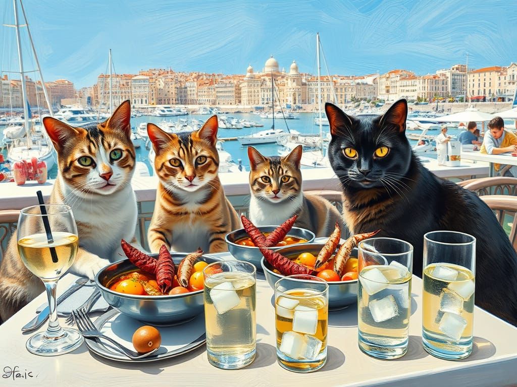 Cats Enjoying Bouillabaisse in Marseille, Impressionist Styl...