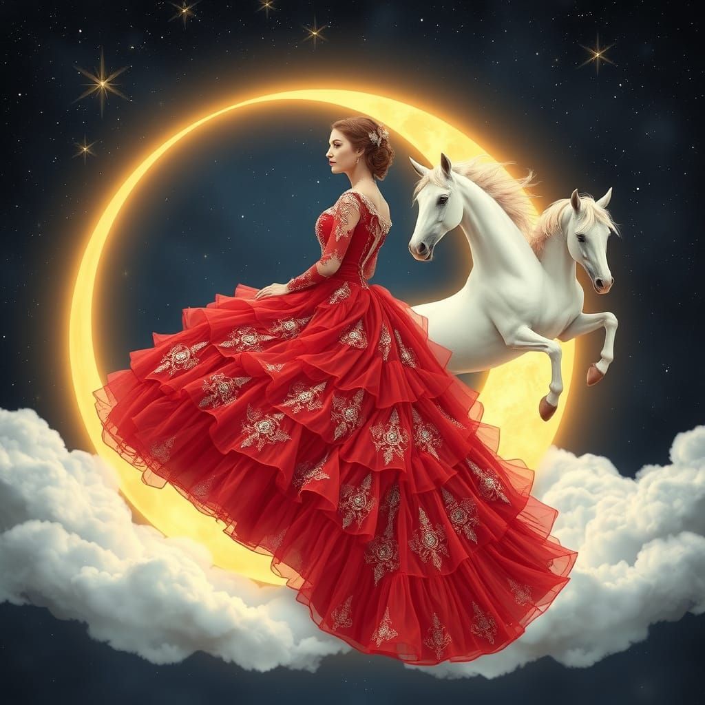 Ethereal Victorian Bride on Crescent Moon with Unicorns and ...