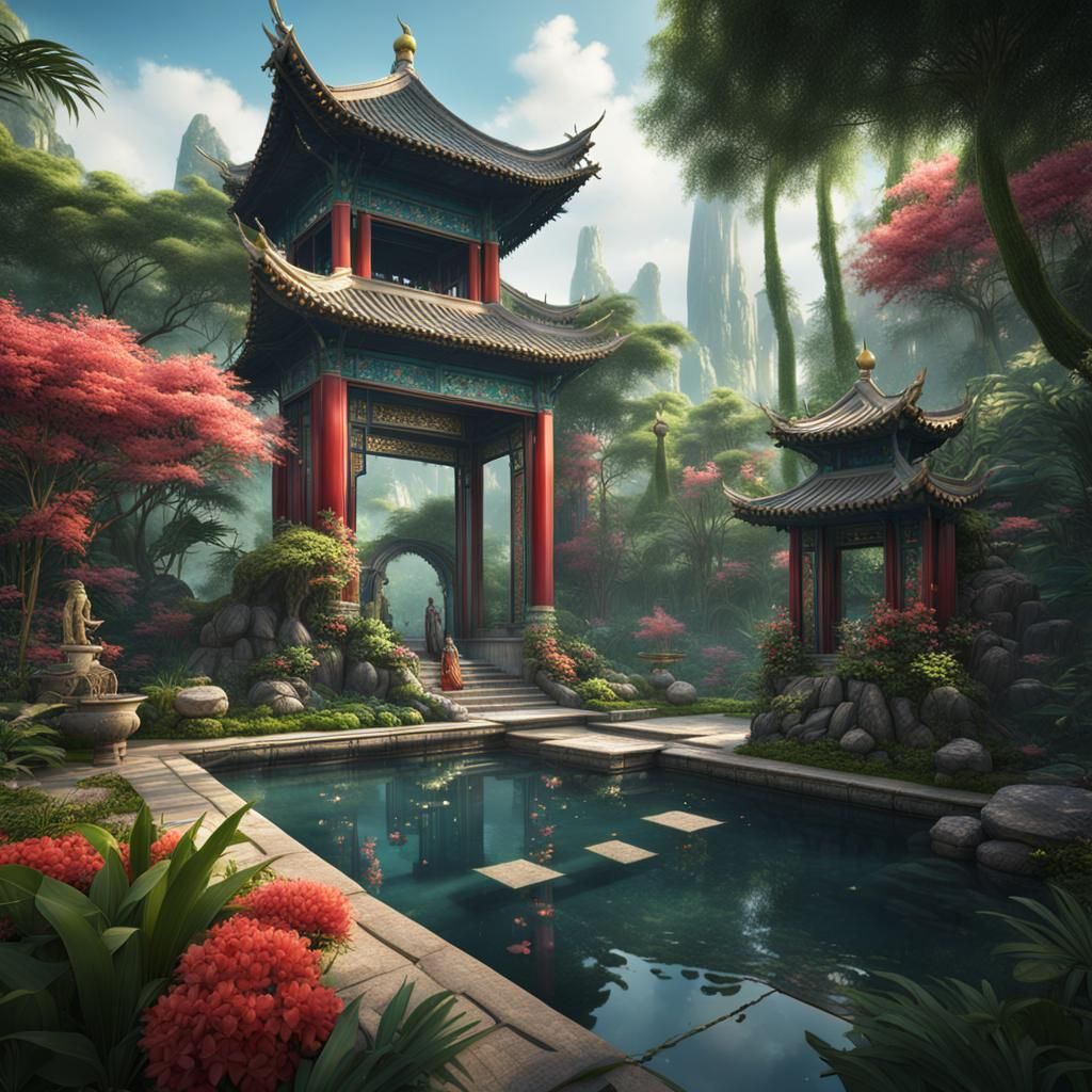 Lush Tropical Chinese Garden in Detailed Matte Painting