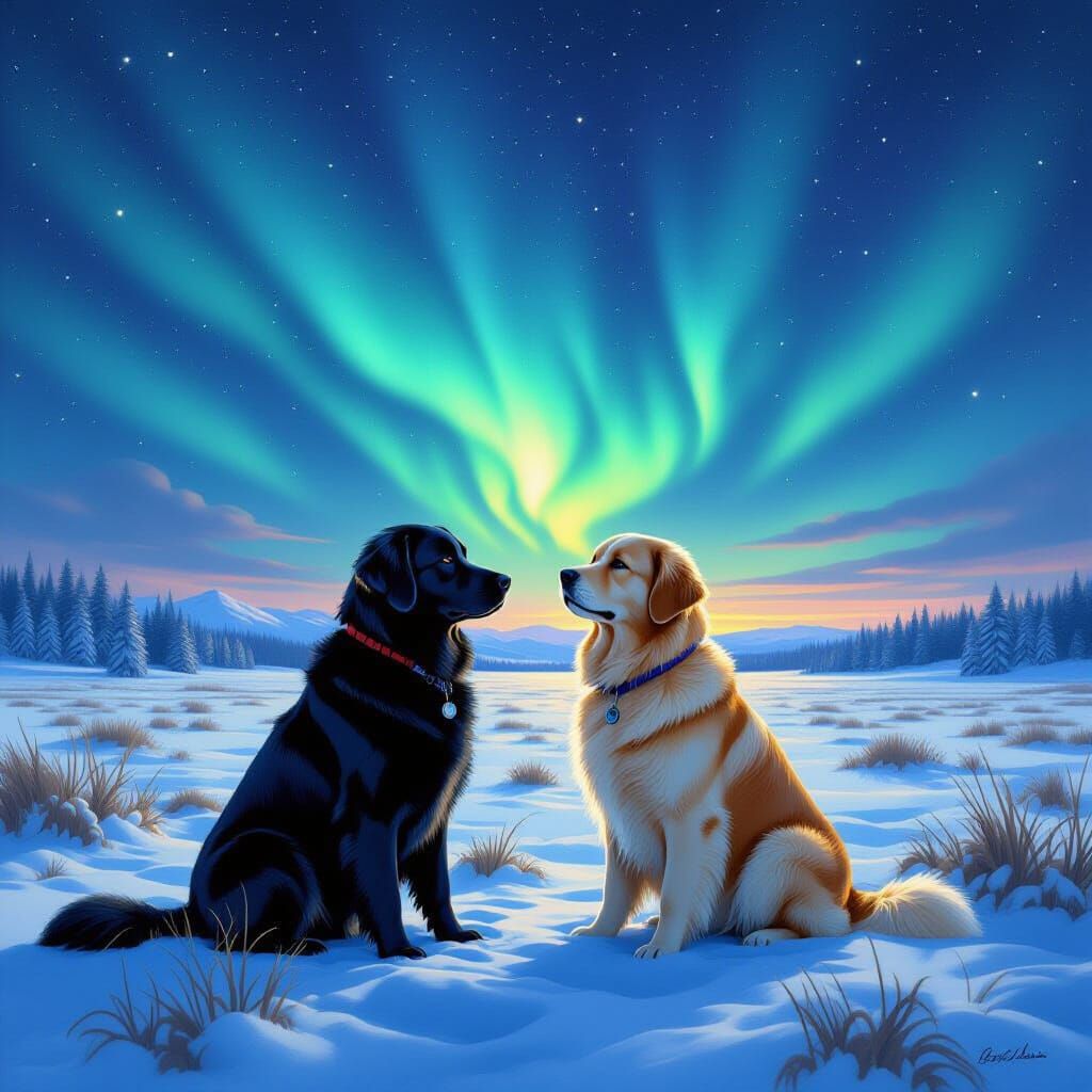 Labrador and Golden Retriever Under Aurora Borealis