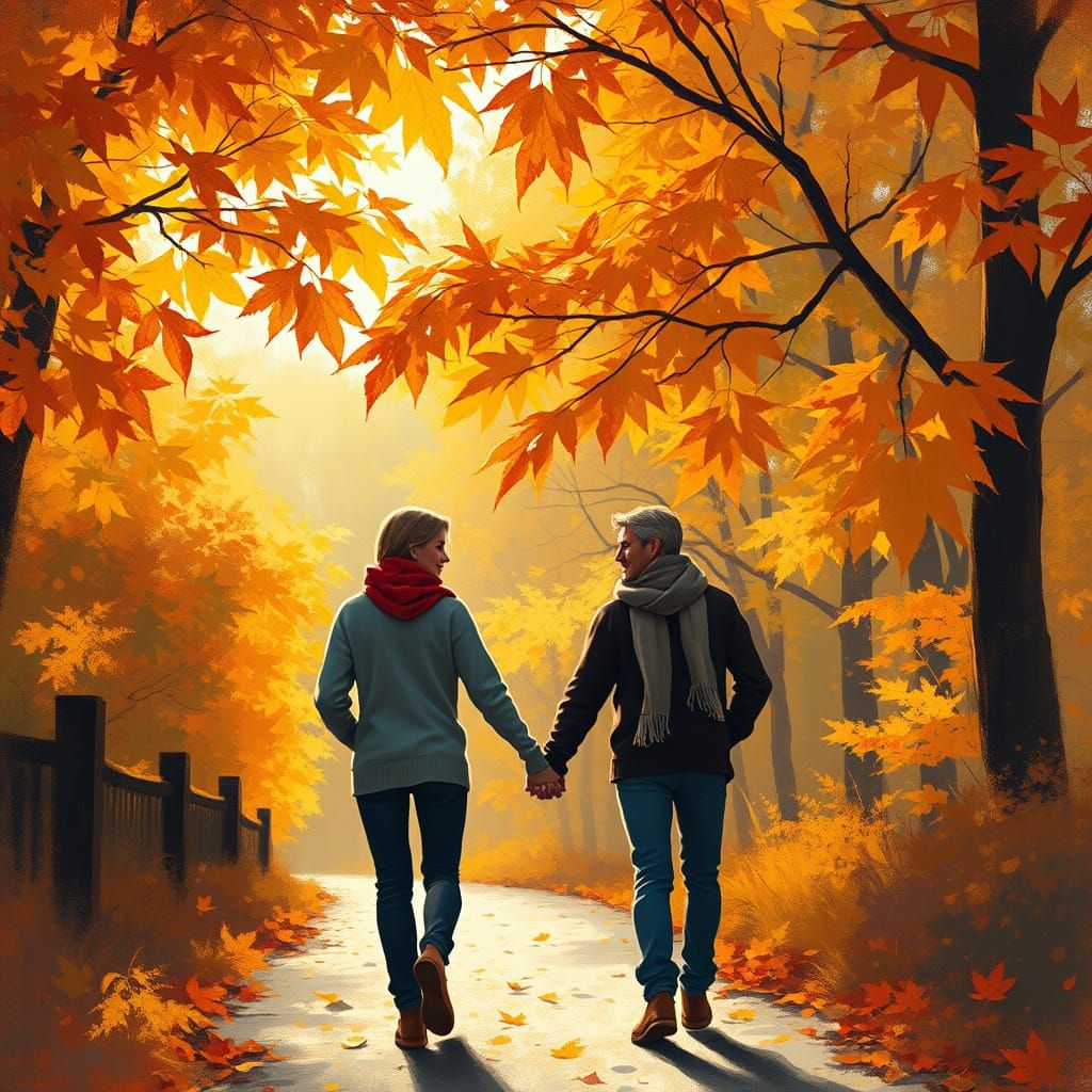 Couple Walks Under Autumn Leaves in Impressionist Style