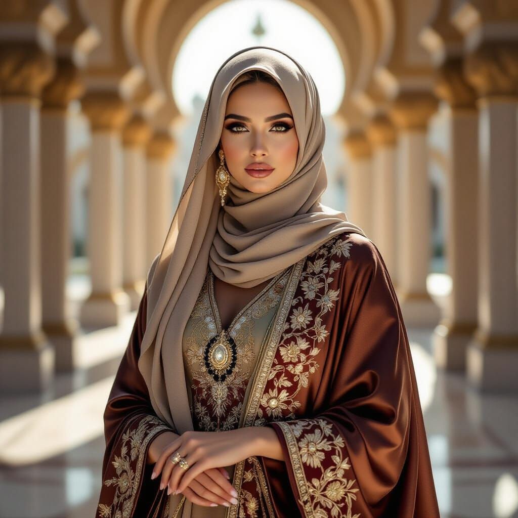 Regal Muslim Woman in Modern Luxurious Abaya