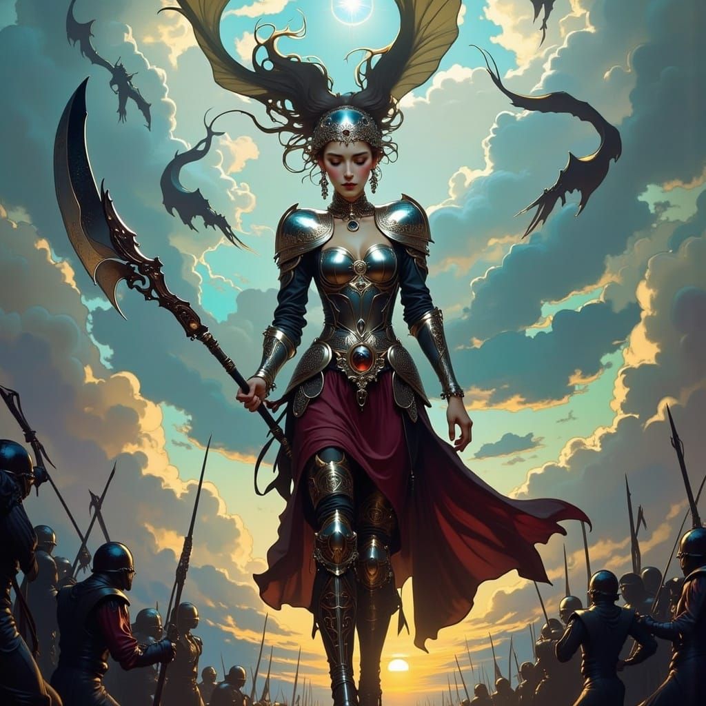 Armored Warrior Woman in Tempestuous Battle Realm