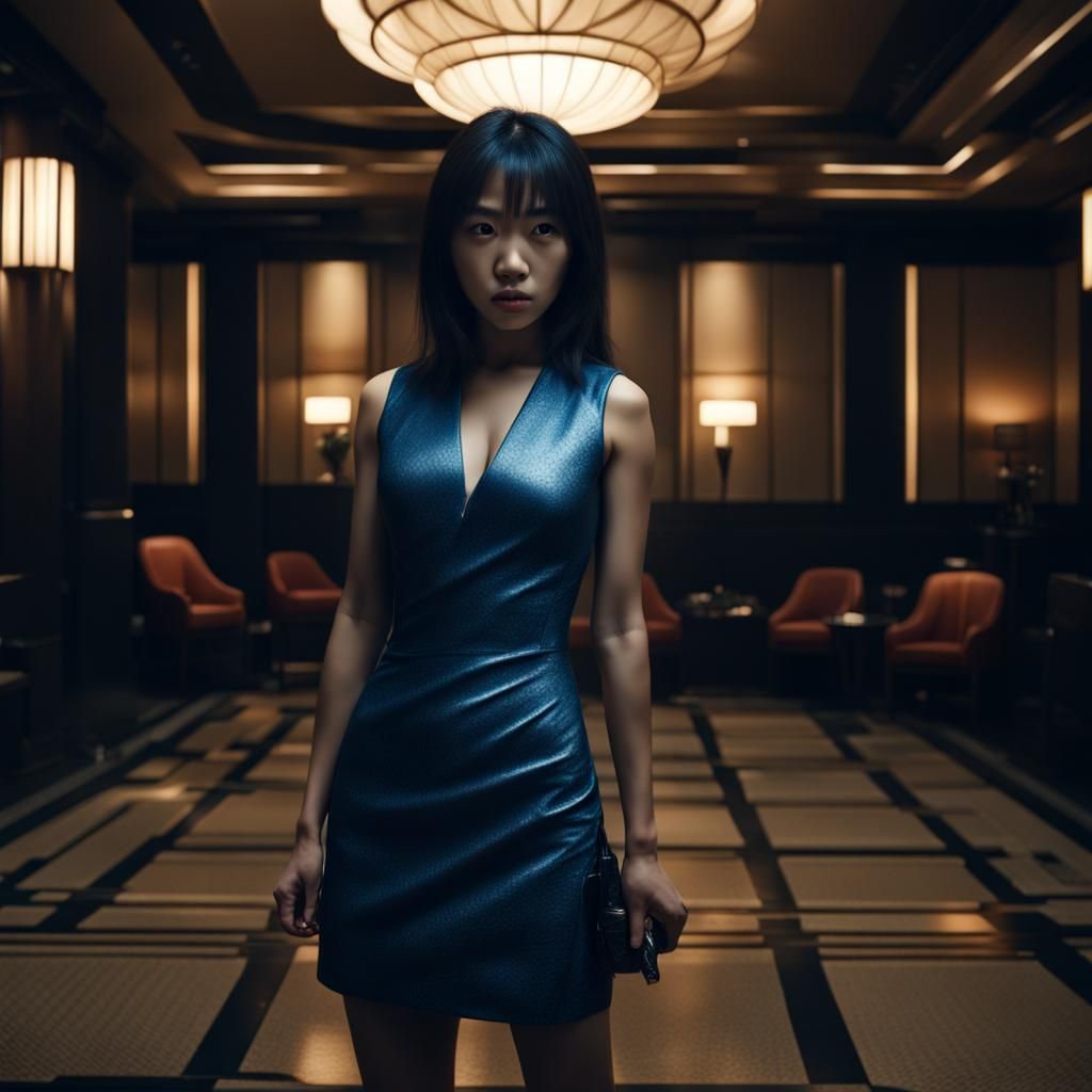 Fierce Woman with Silverballer in Hotel Lobby