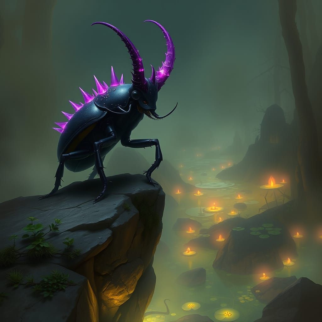 Amethyst-Spiked Beetle Overlooking Misty Fantasy Swamp