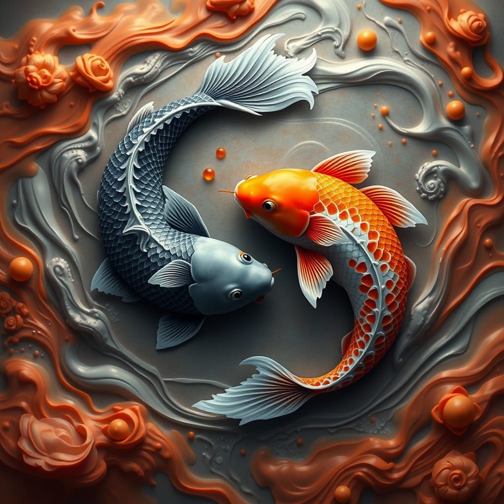 Grey and Orange Koi Carp in Harmonious Balance