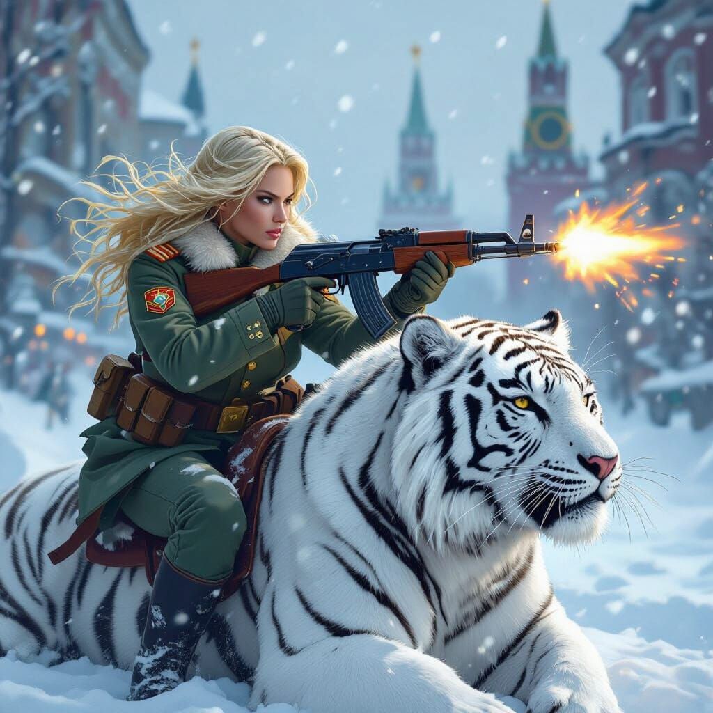 Woman on Tiger in Moscow Blizzard, Digital Art