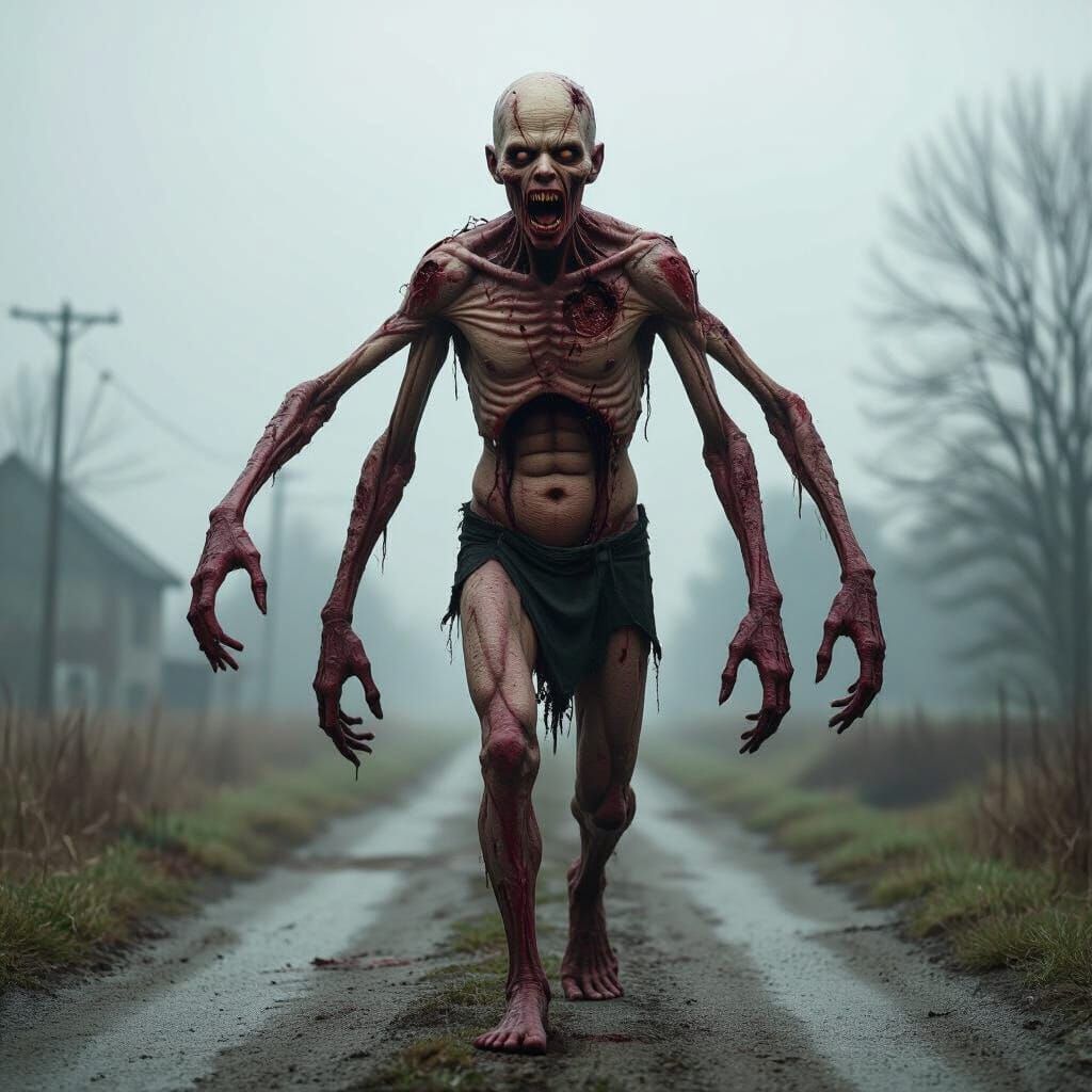 Disturbing Mutated Humanoid on Decaying Farm Road
