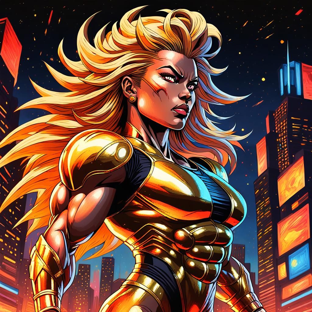 Athletic Super Saiyan Woman in 80s Anime Style