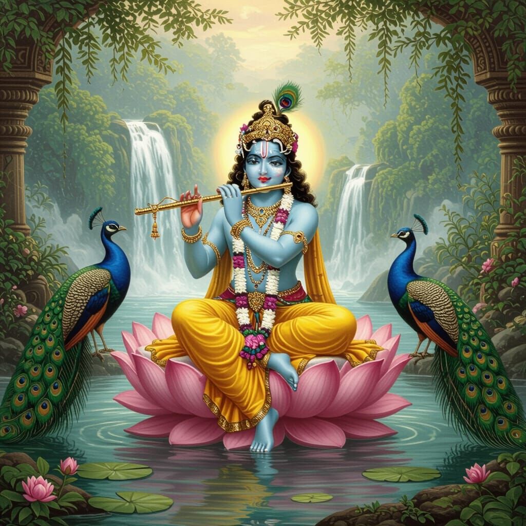 Krishna with Flute by Waterfall, Raja Ravi Varma Style