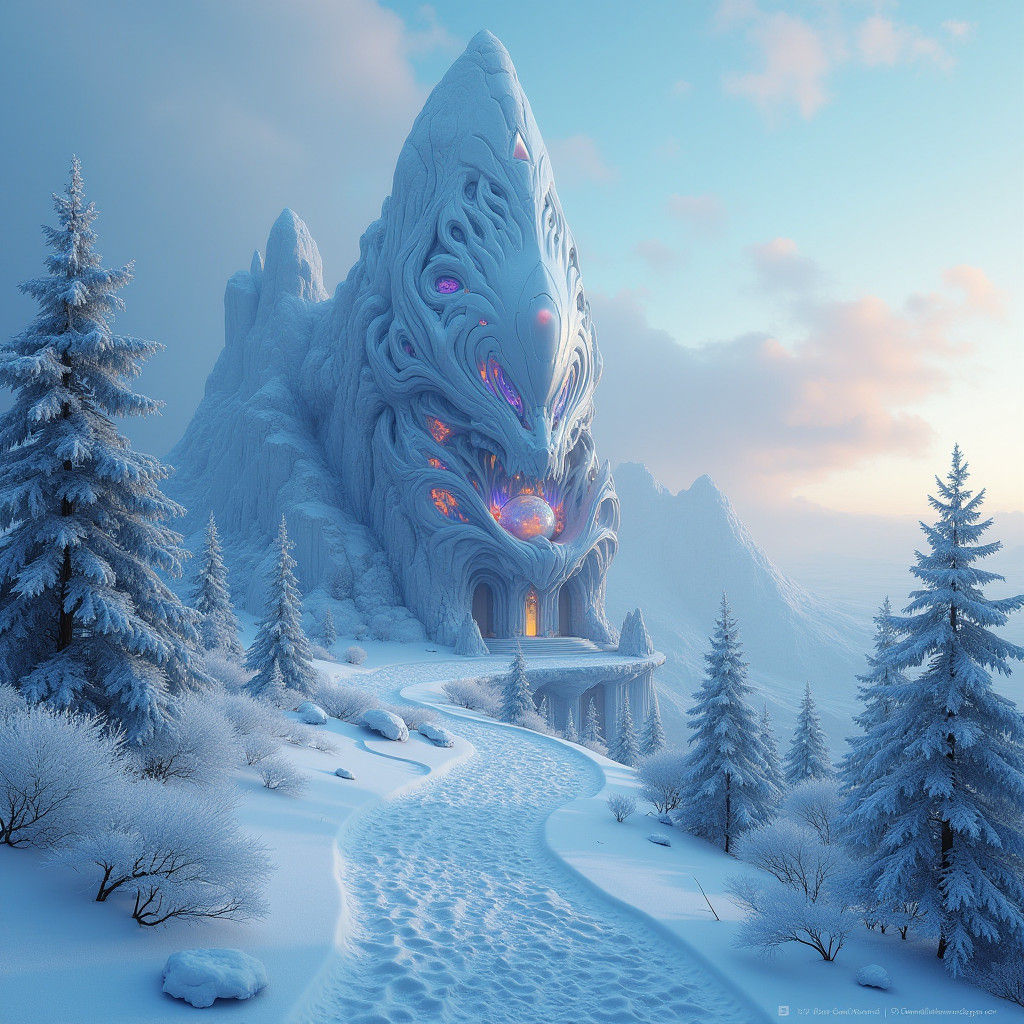 Crystalline Alien Construct in Snowy Landscape, Digital Pain...