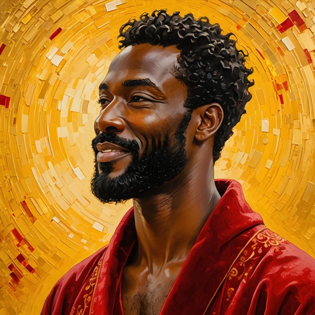 Smiling Black Man in Red Robe, Impasto Oil Painting