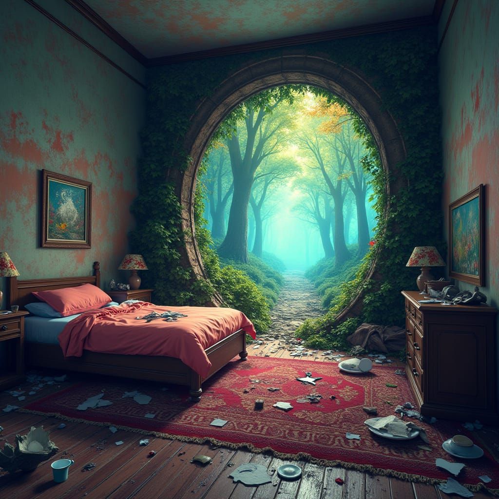 Mythical Forest Portal in Messy Bedroom, Matte Painting