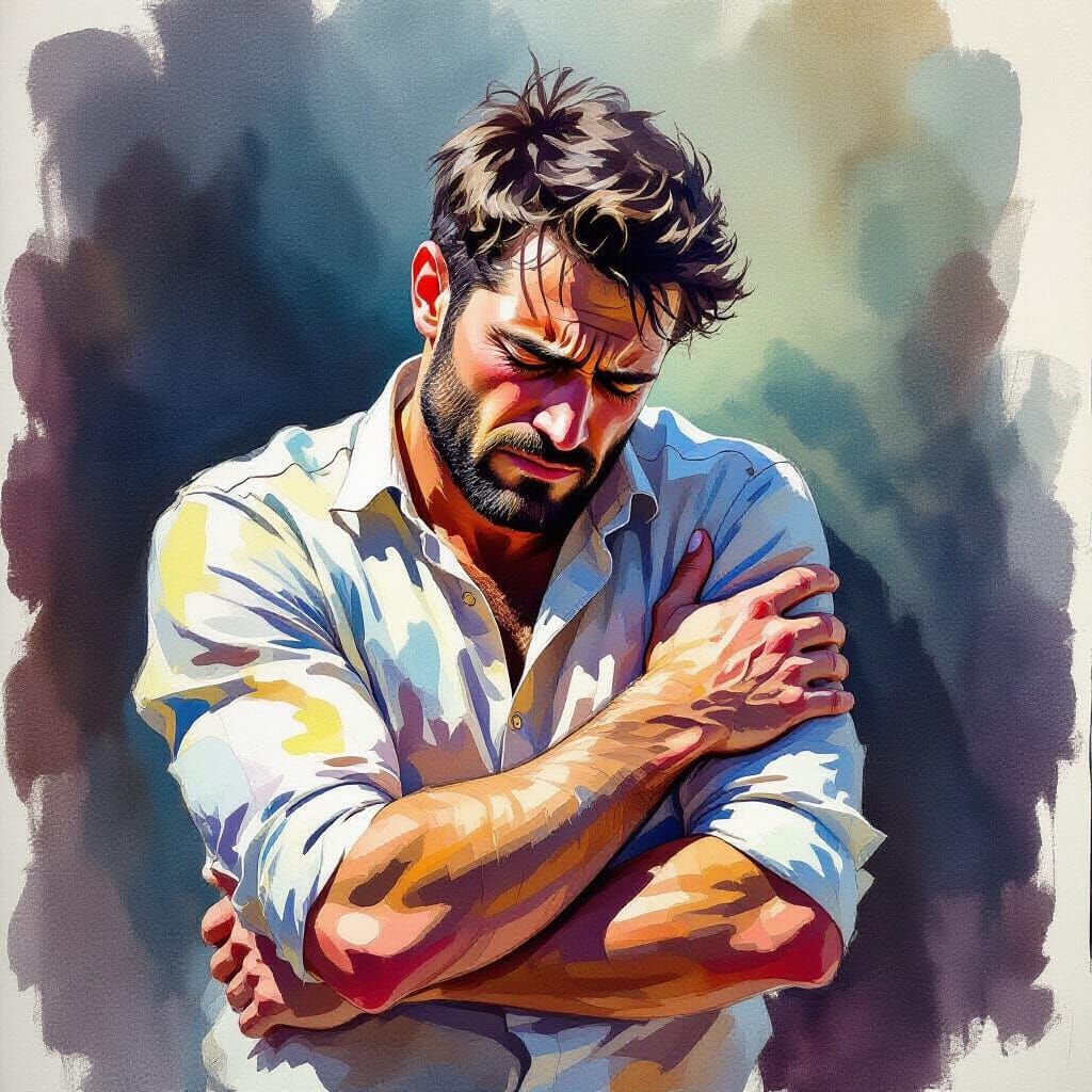 Man Clutching Arm in Painful Watercolor