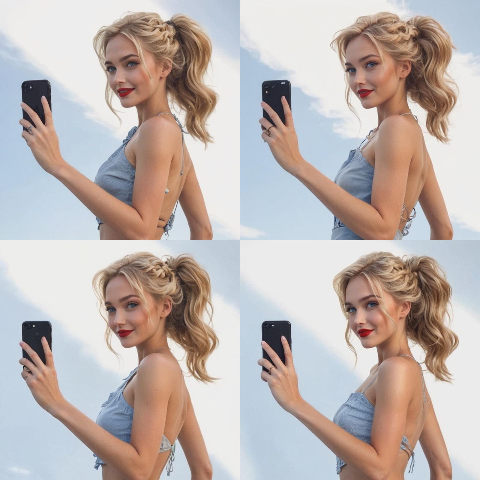 Blonde Woman with Red Lips Taking a Selfie