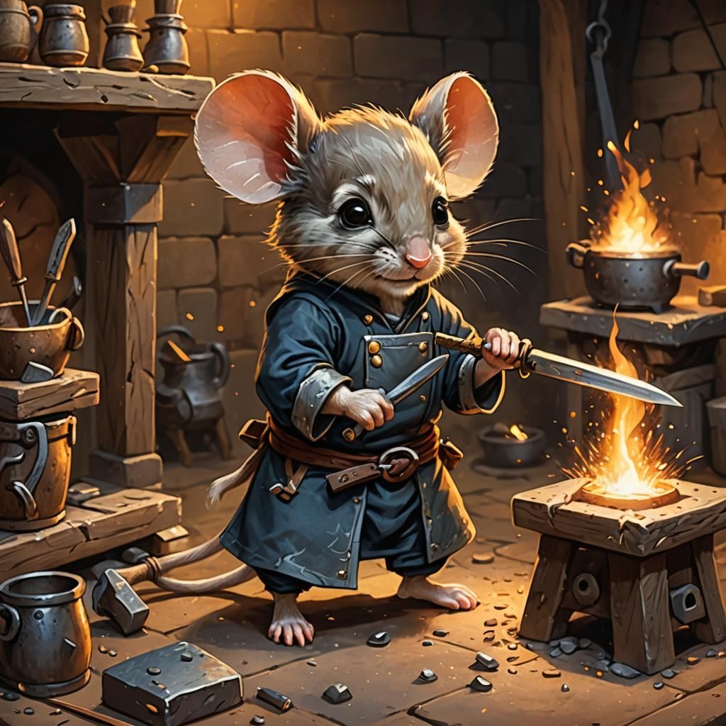 Chibi Mouse Blacksmith Forging a Tiny Sword