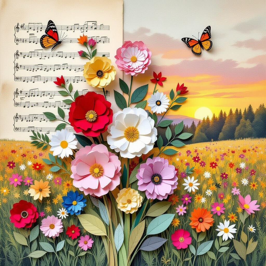 Collage Art of Paper Flowers on Sheet Music