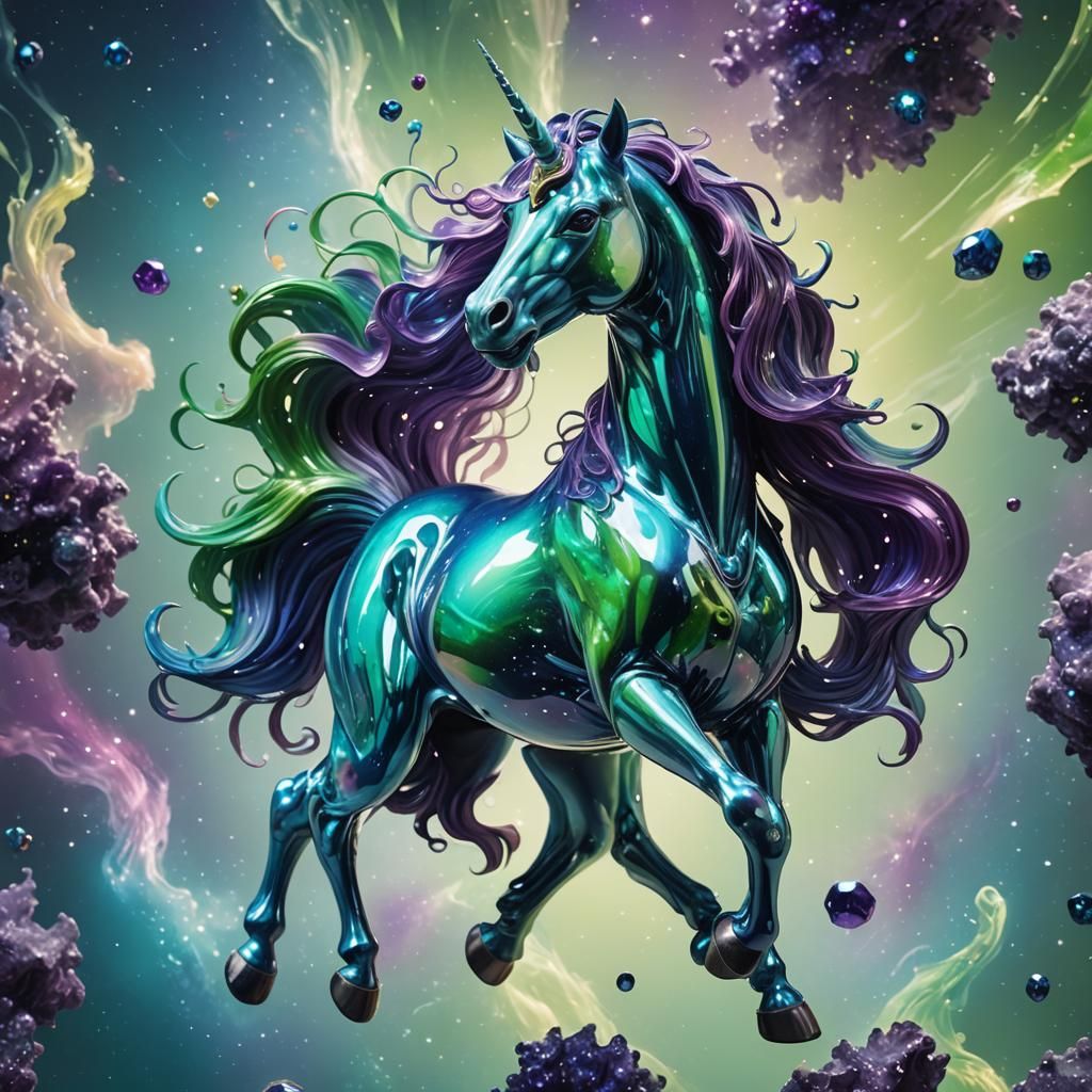 Blue Glass Unicorn in Space: Hyperrealistic Splash Art