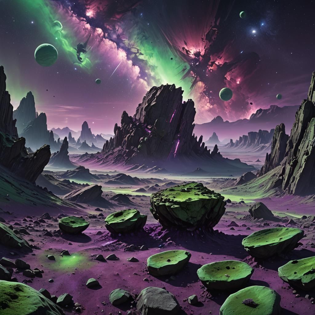 Green Planet and Purple Galaxy in Digital Painting