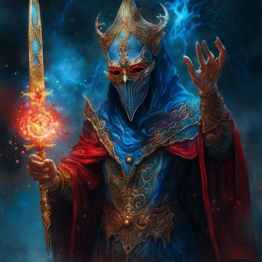 Masked Wizard with Cursed Sword in Fantasy Art