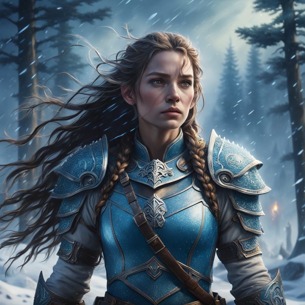 Warrior Maiden in Snowy Blizzard, Fantasy Realism