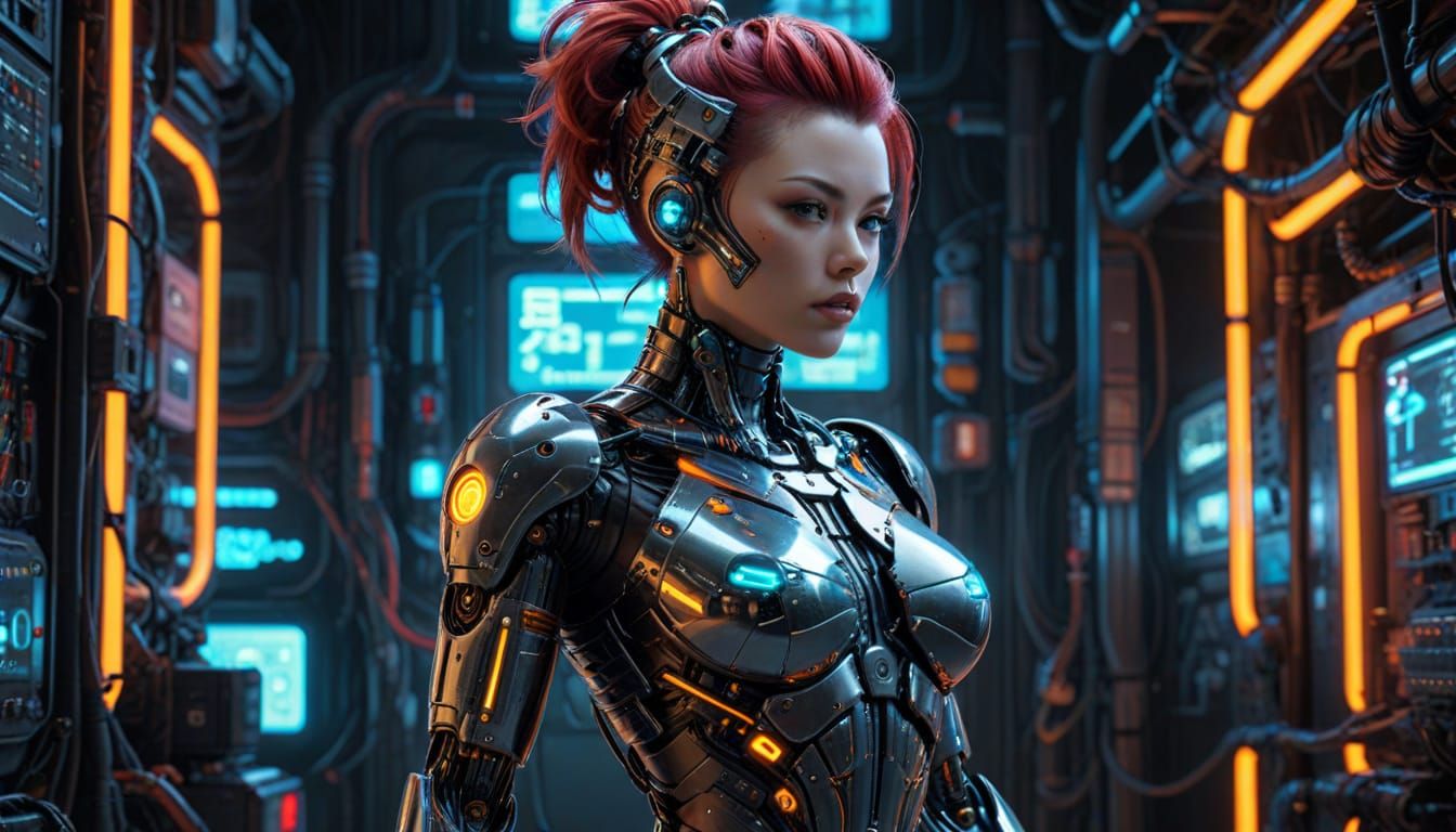 Cyberpunk Cyborg Pin-Up Art with Neon Accents