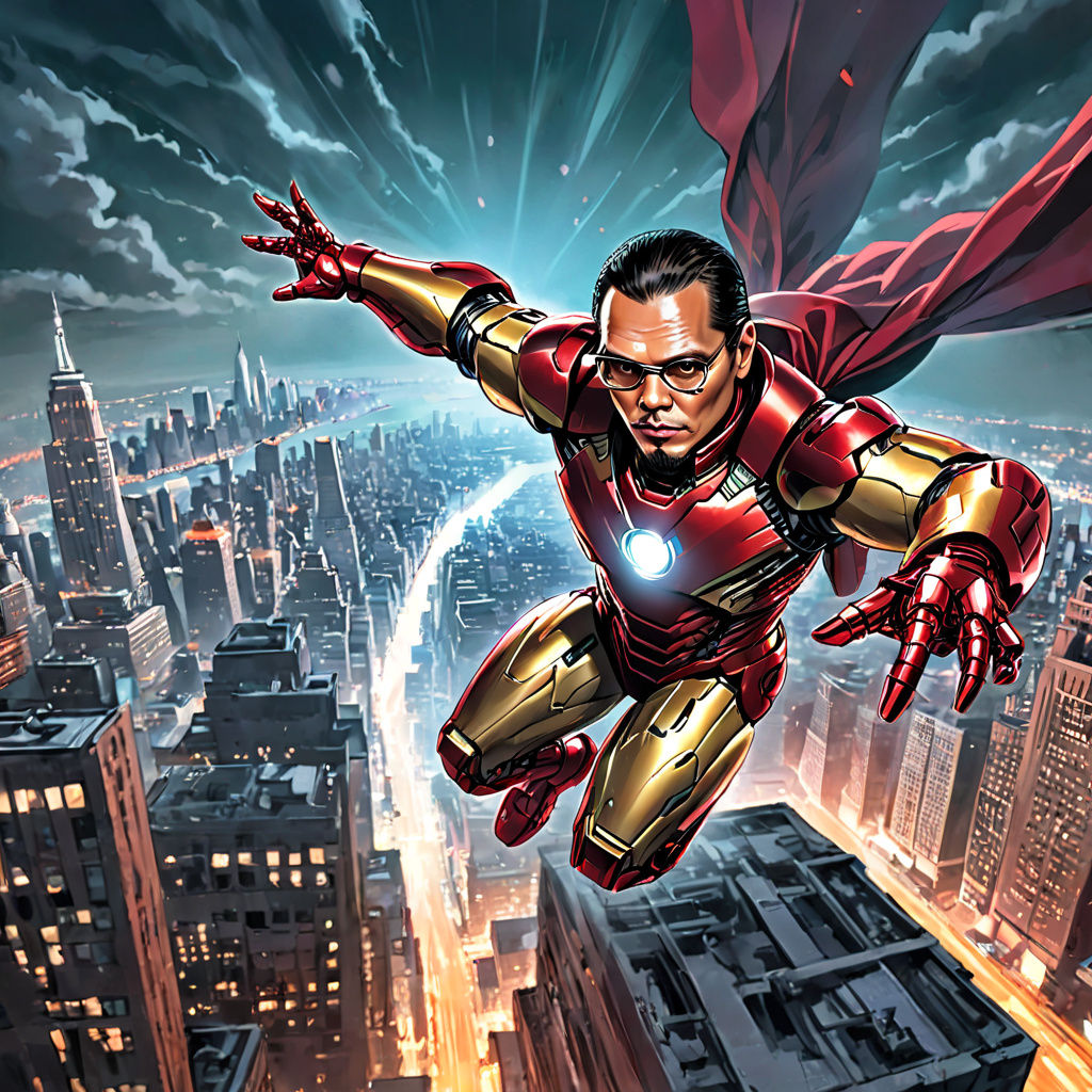 Superhero Iron Man Soars Over New York City in Comic Book St...
