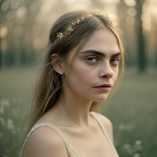 Cara Delevingne Portrait with Blue Leaves, Impressionistic S...