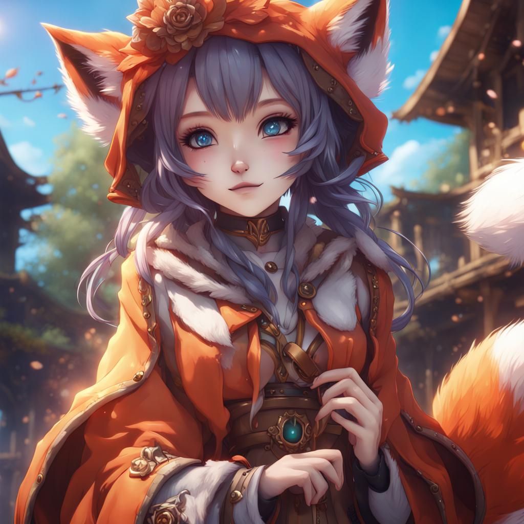 Cute Anime Fox Girl in Detailed Digital Painting