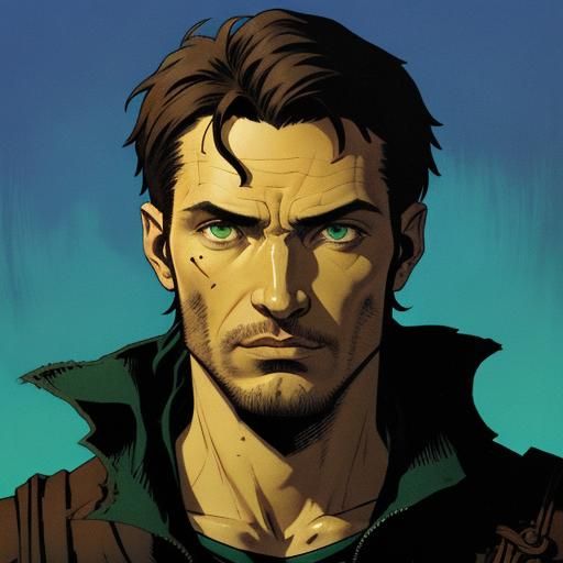 A male thief, survivor, green eyes, fair skin, brown hair, quiet, covetous, greek, north-african, mike mignola and frank...