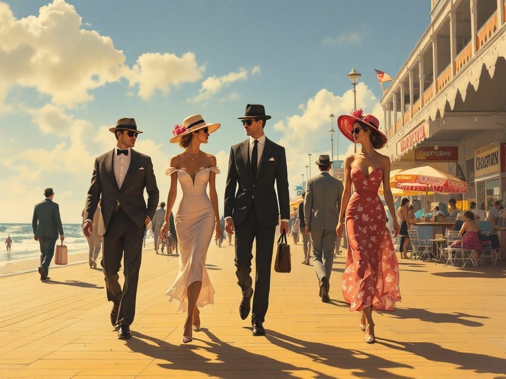 Elegant Mid-Century Boardwalk Scene in Warm Summer Light