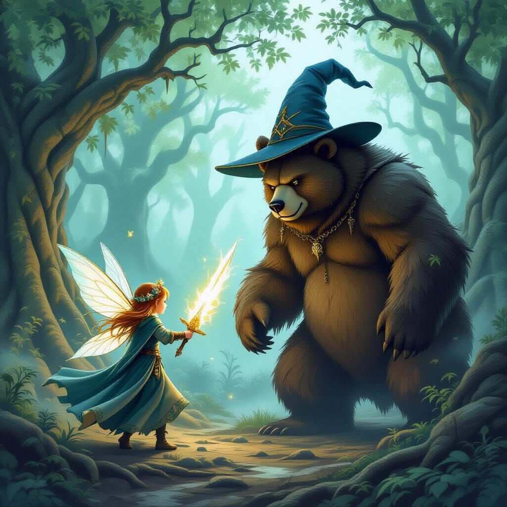 Fairy Warrior and Wizard Bear Fight Shadow Monsters