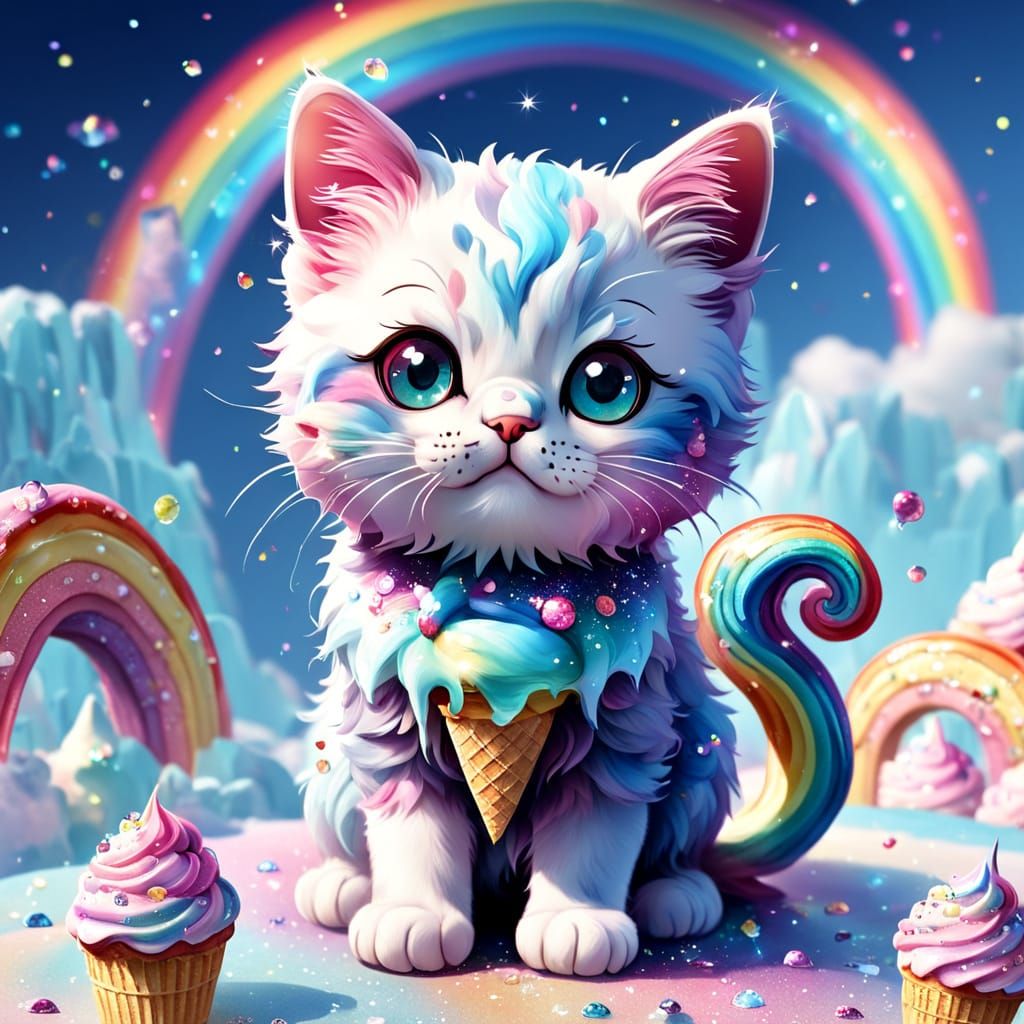 Rainbow Ice Cream Kitten: A Kawaii Fantasy
