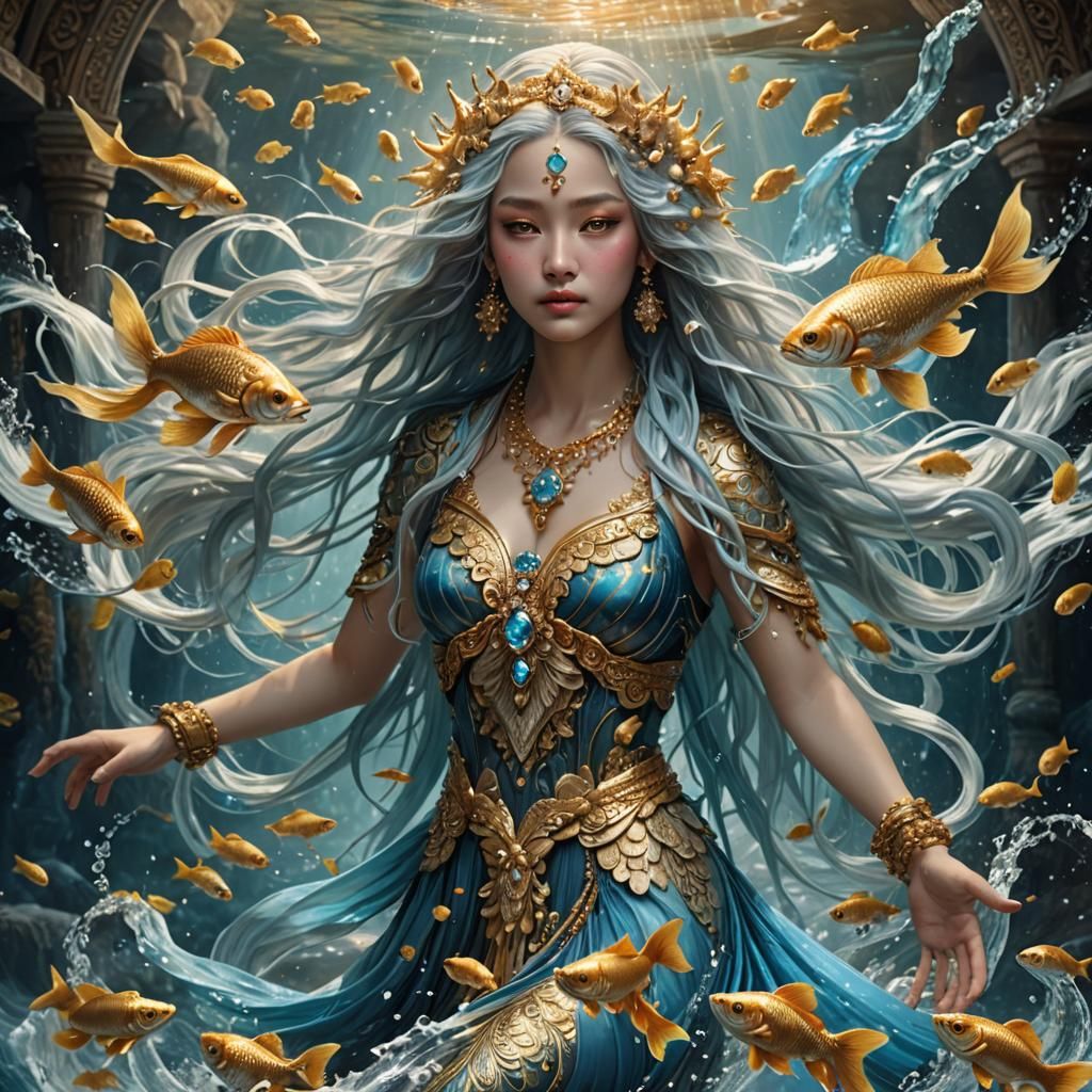 Woman in Water-Dress with Golden Fish