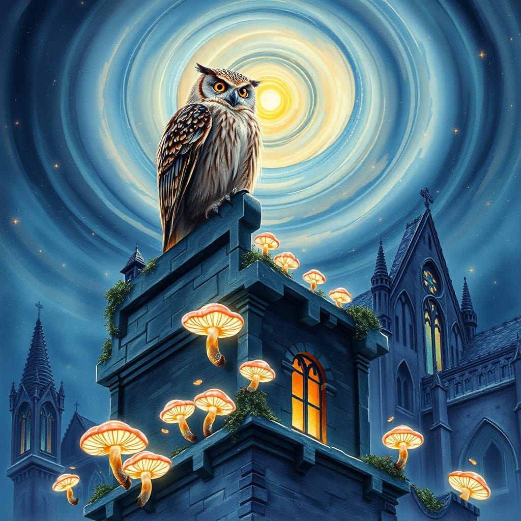 A wise old owl perched atop a crumbling gothic cathedral, un...