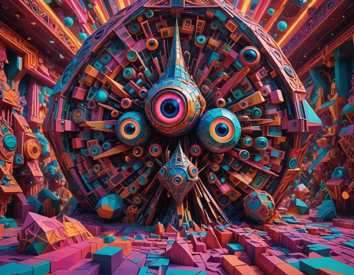 Surreal Geometric Sculptures with Neon Eyes in 8K