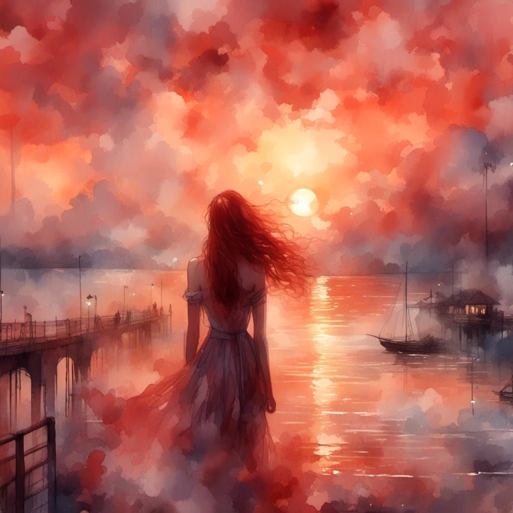 Dreamlike Red-Haired Girl at Sunset Pier