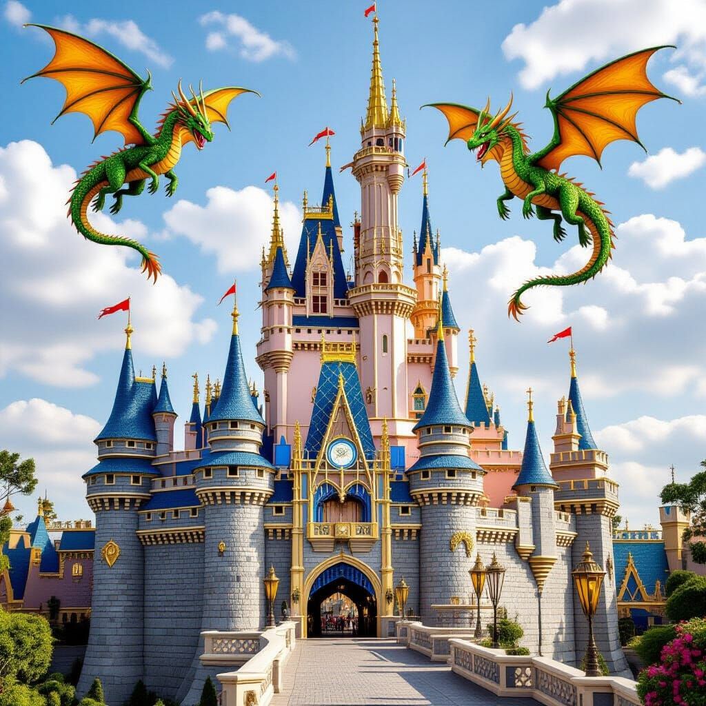 Majestic Castle with Gold and Dragons in Sky