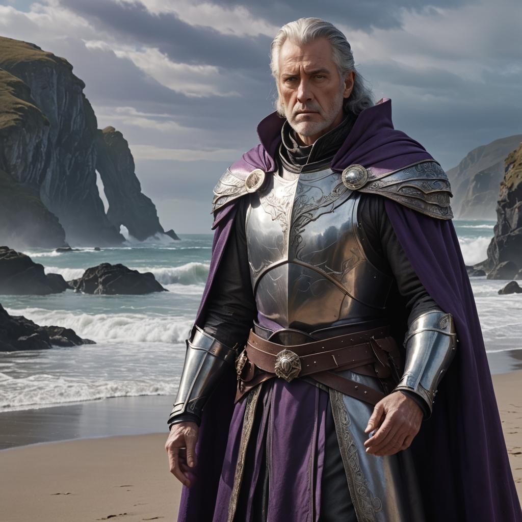 Noble in Silver Armor on a Misty Beach