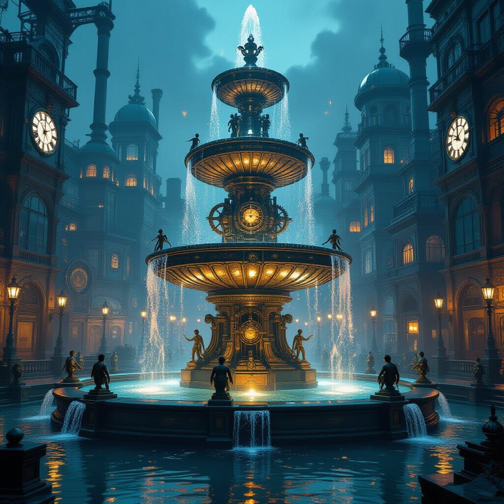 Steampunk Fountain in Industrial Metropolis: Matte Painting