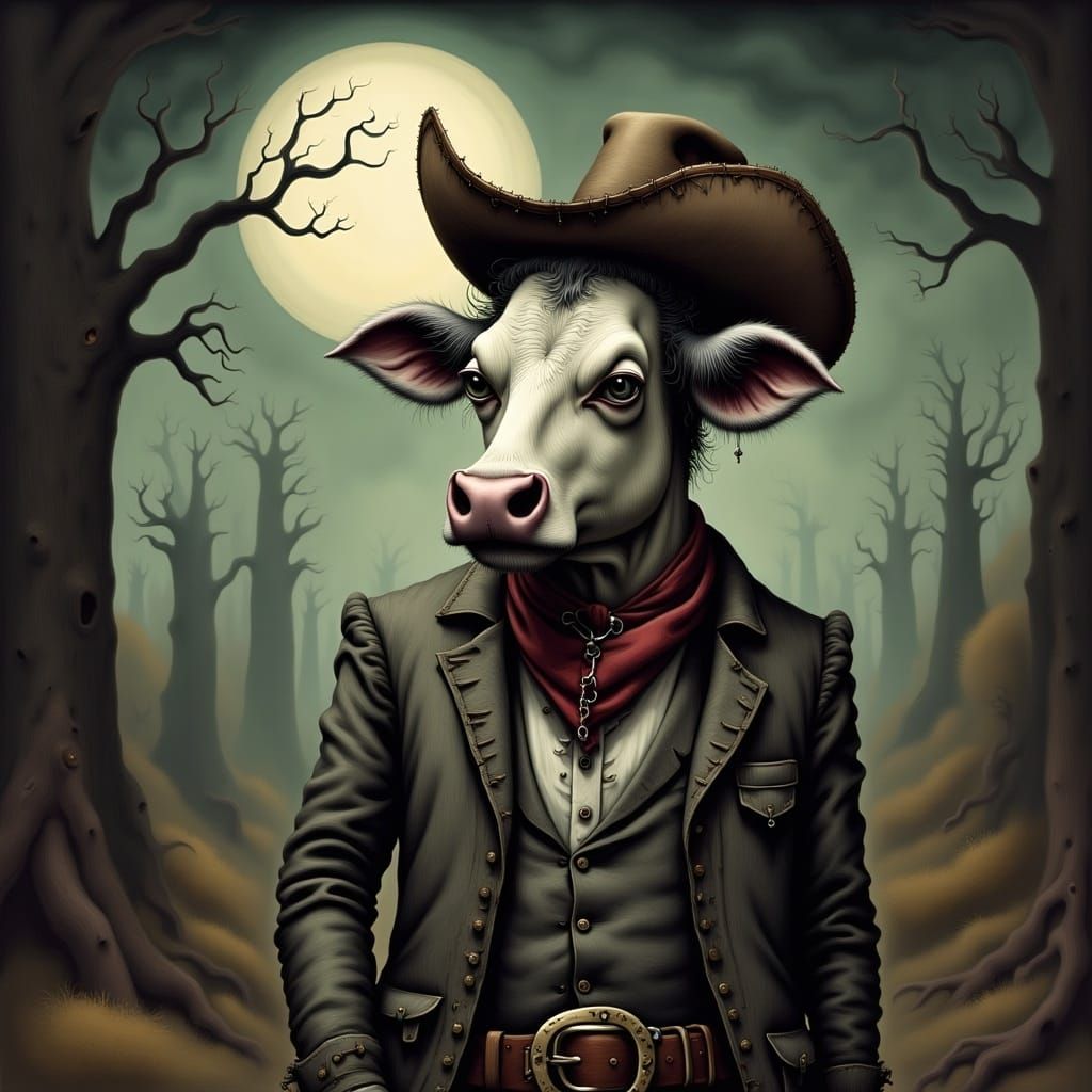 Cowboy Cow in Dark Whimsical Style