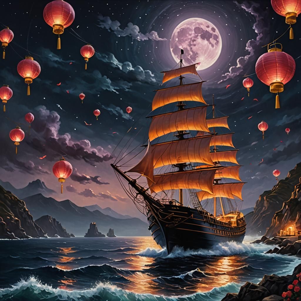 Ship Rides a Dark Wave in Oil Painting Style