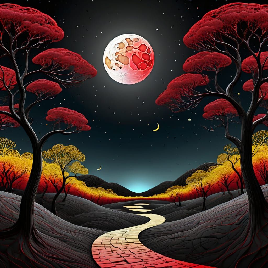 Abstract Leafless Trees Under Crimson Sky