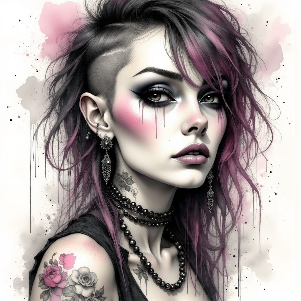 Grunge Goth Star with Smouldering Look in Watercolor Portrai...